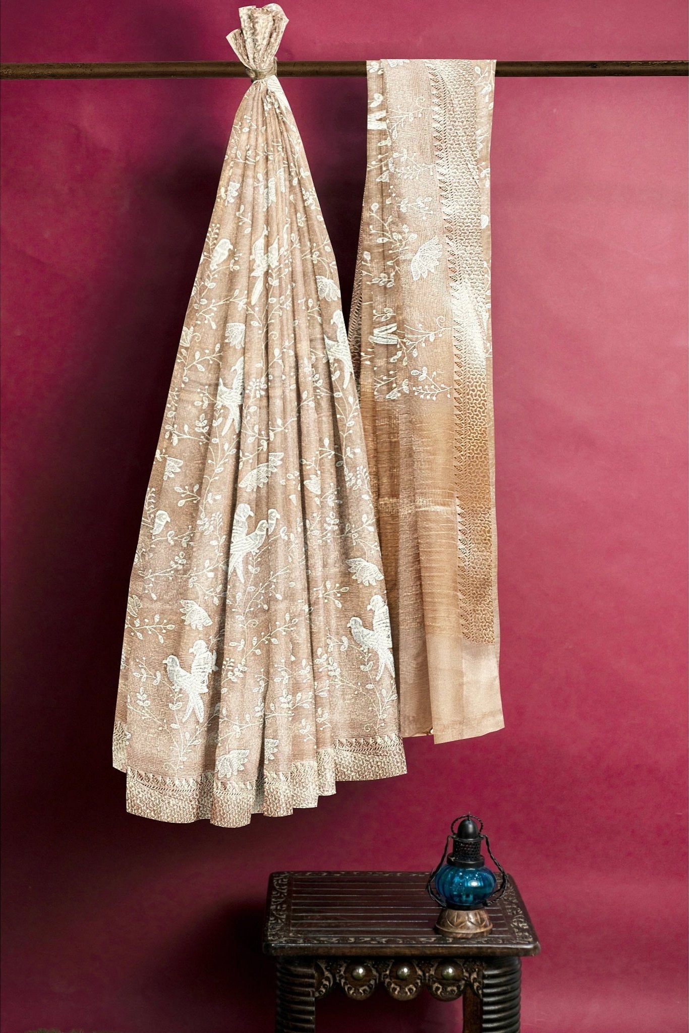 Kota Tissue Full Embroidery Beige Saree