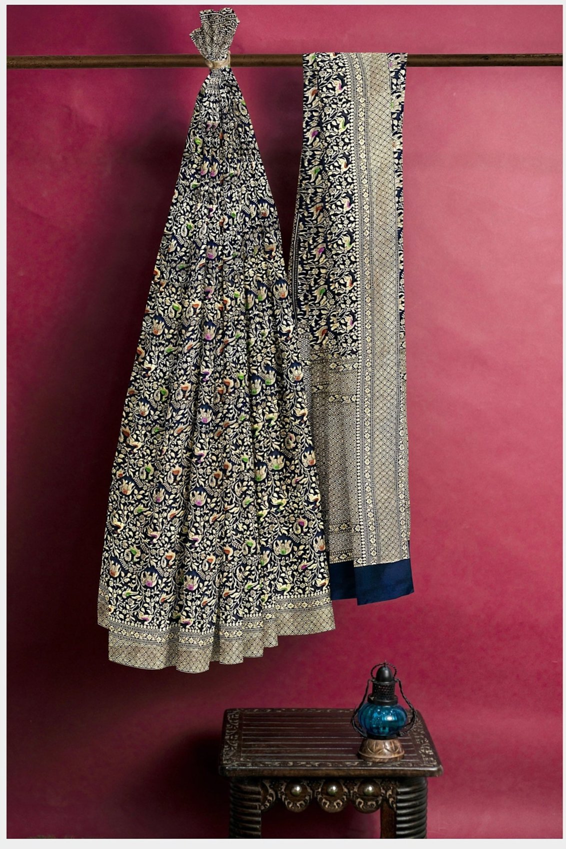 Banarasi Double Katan Silk Shikargah Meena Blue Saree