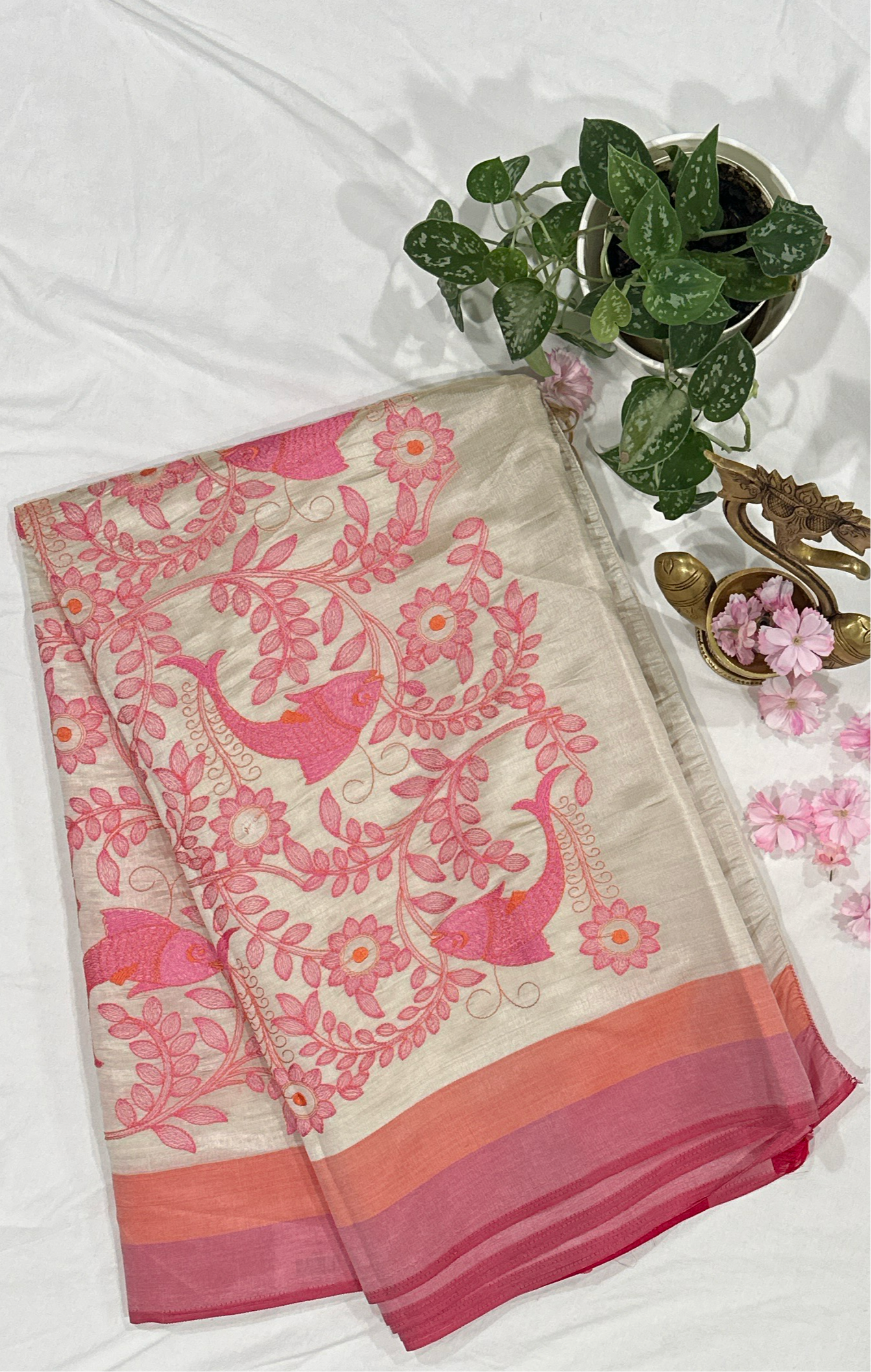 Soft Kosa Sujni work Beige saree