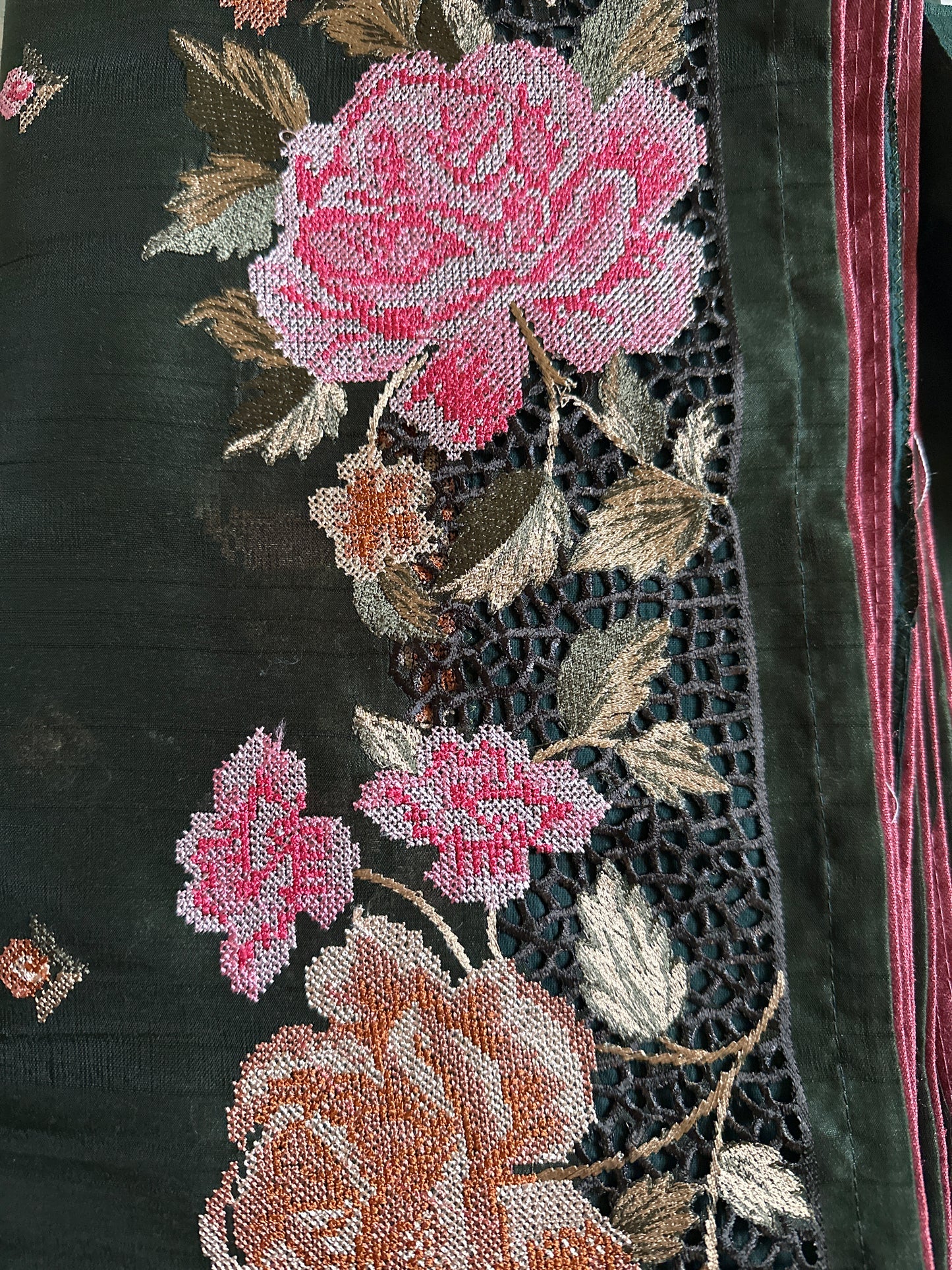 Art Tussar Cutwork Dark Green Saree