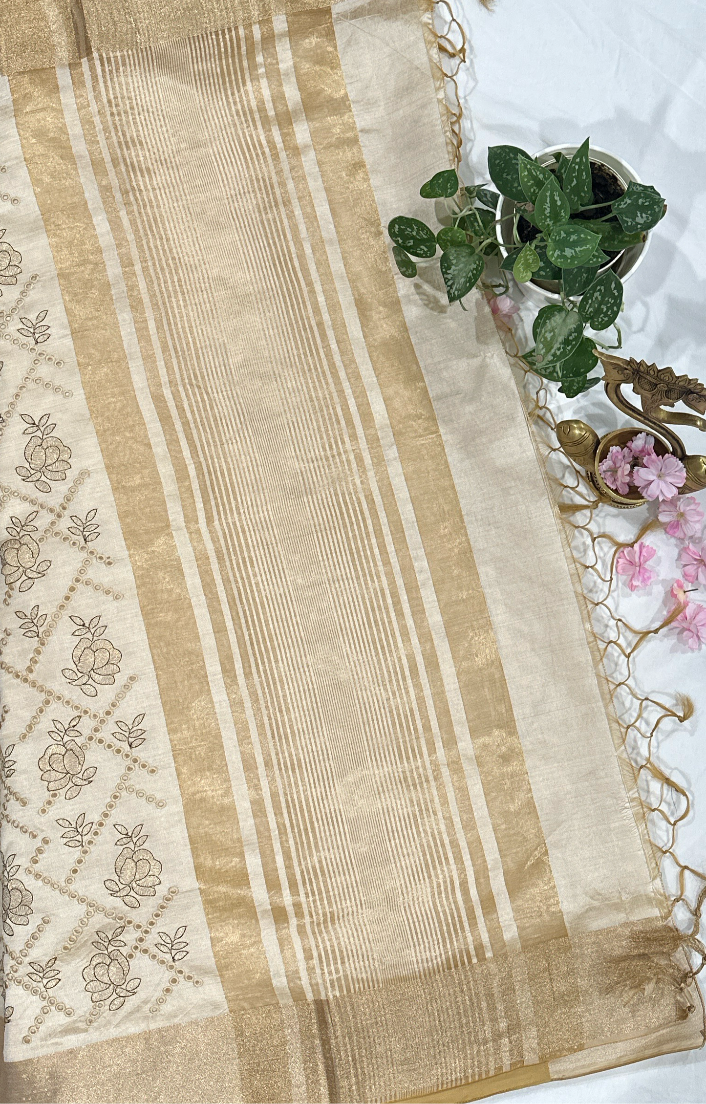 Kosa silk hand cutwork beige saree