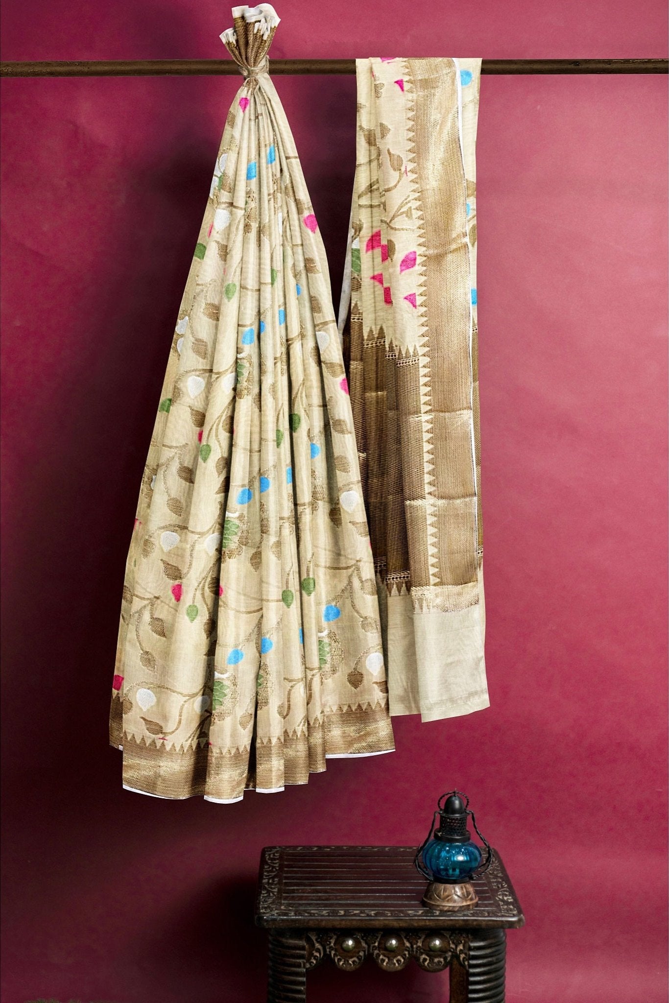 Banarasi Tissue All Over Floral Jal Gold Saree