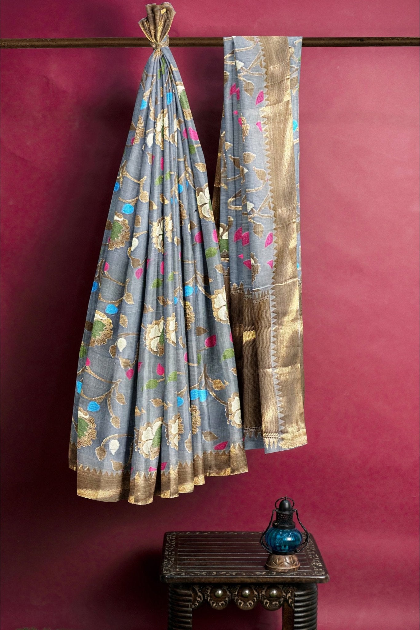 Banarasi Tissue All Over Floral Jal Grey Saree
