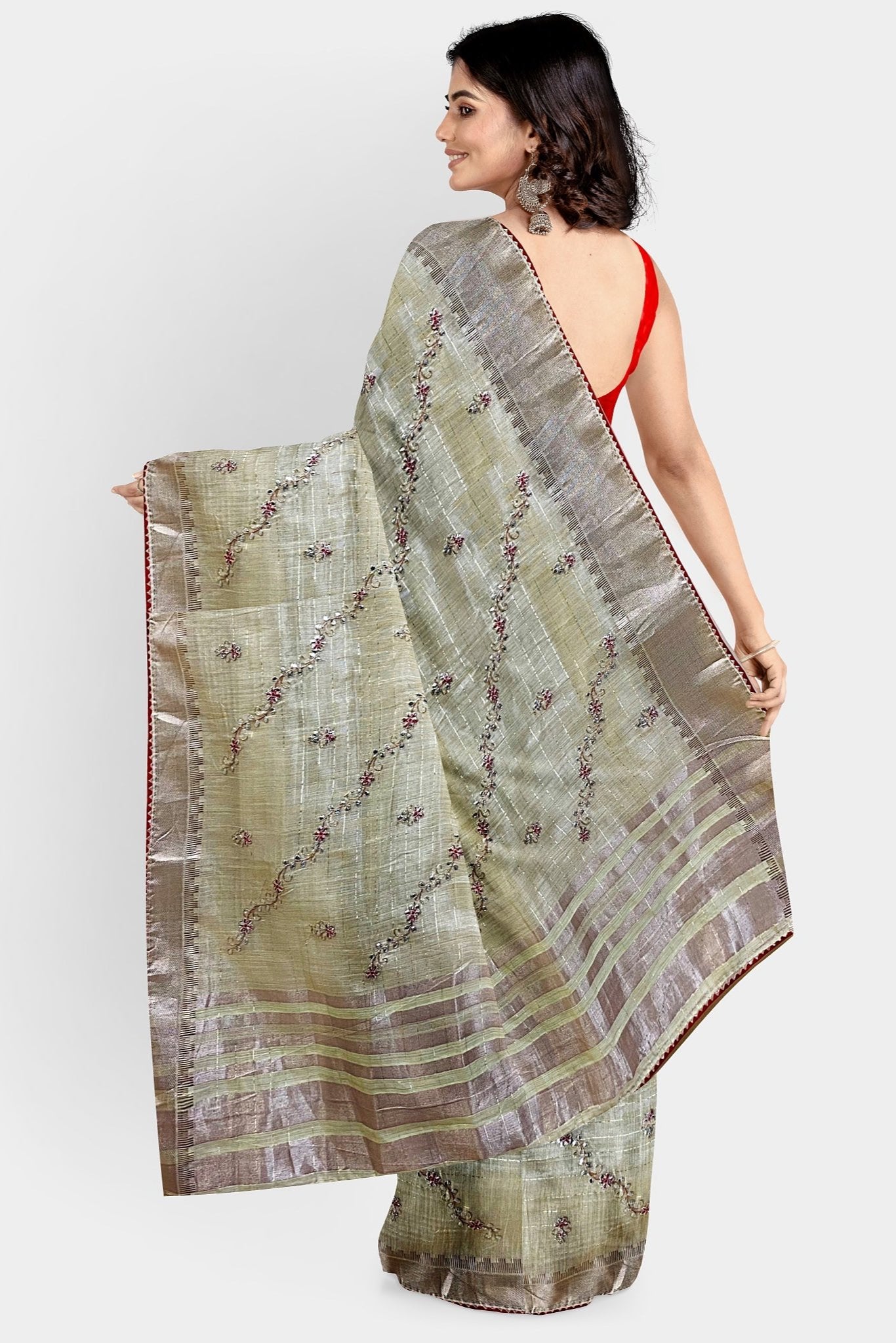 Kota Tissue Hand Embroidery Grey Saree