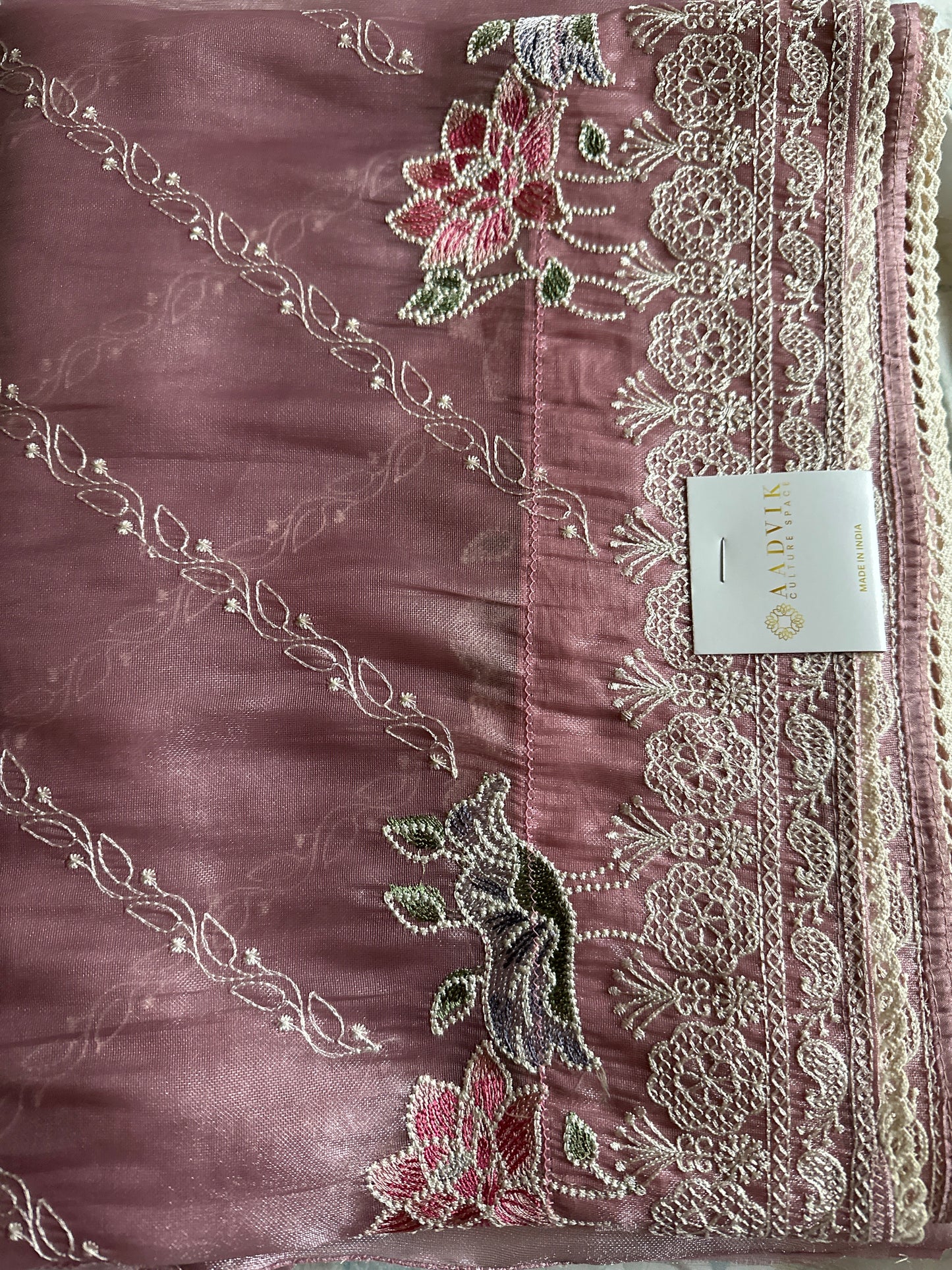 Tissue Cross Embroidered Pink Saree