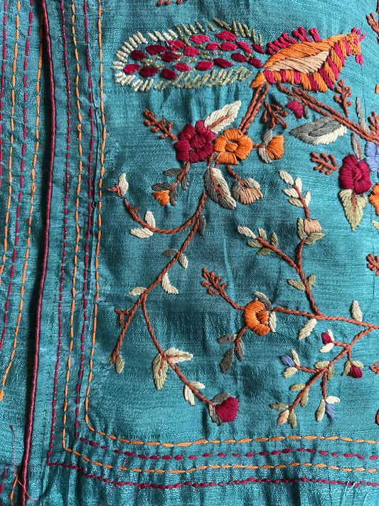 Crush Tussar Hand Embroidered Blue Saree