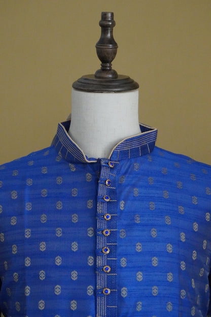 Blue Golden Motif Weaved Kurta