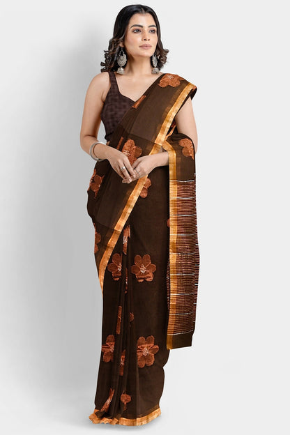 Linen Floral Brown Saree
