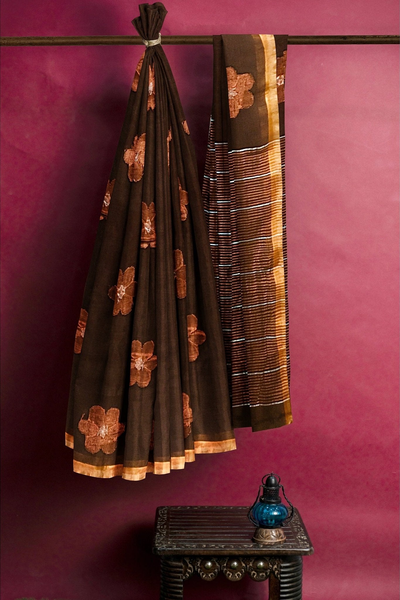 Linen Floral Brown Saree