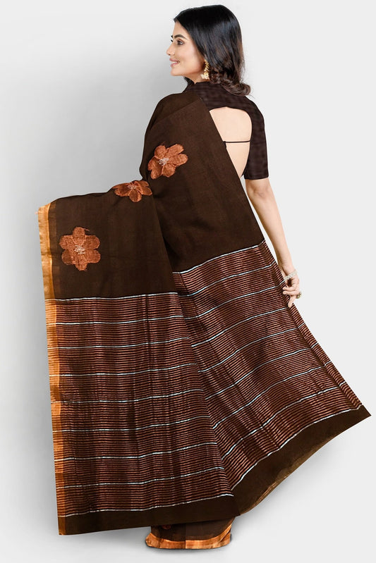 Linen Floral Brown Saree
