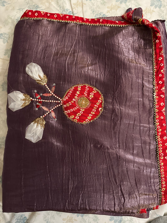 Fancy Bandej Lavendar Applique work Saree