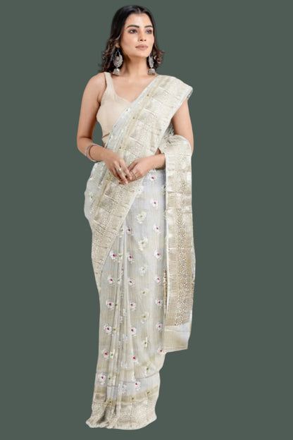 Munga Silk Floral Motiff Beige Saree