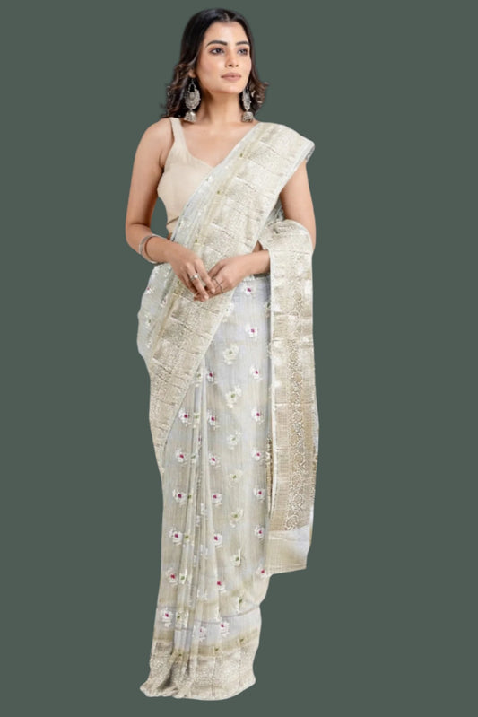 Munga Silk Floral Motiff Beige Saree