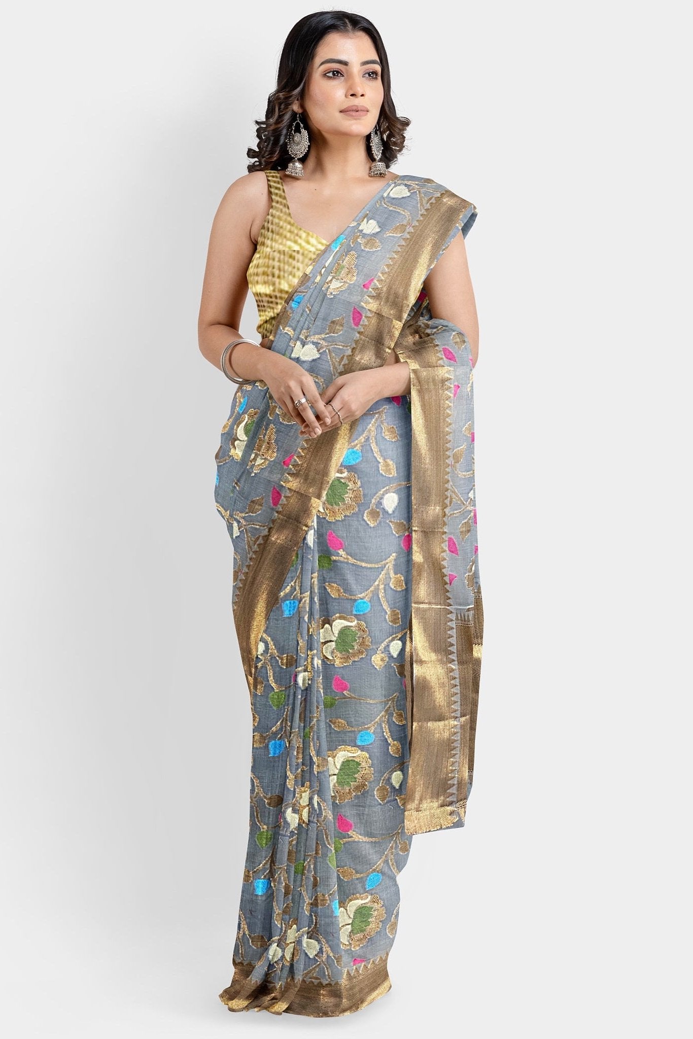 Banarasi Tissue All Over Floral Jal Grey Saree