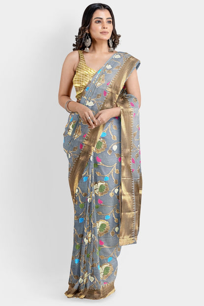 Banarasi Tissue All Over Floral Jal Grey Saree