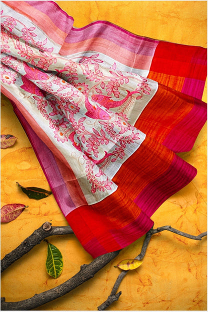 Soft Kosa Sujni work Beige saree