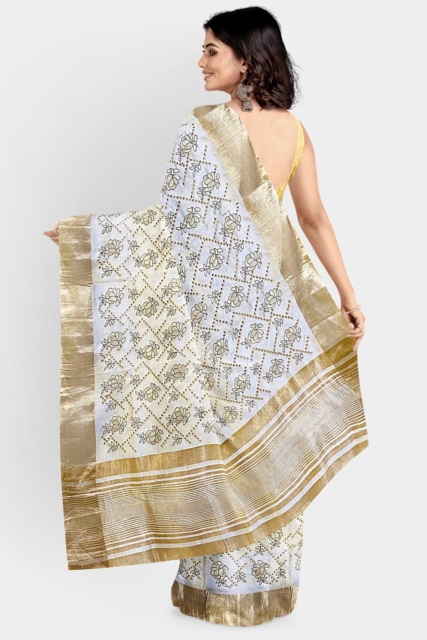 Kosa silk hand cutwork beige saree