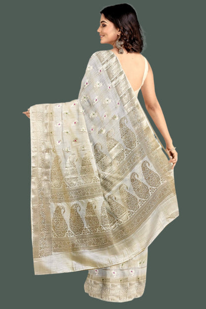Munga Silk Floral Motiff Beige Saree