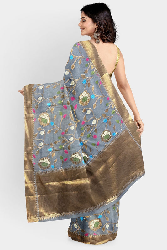 Banarasi Tissue All Over Floral Jal Grey Saree
