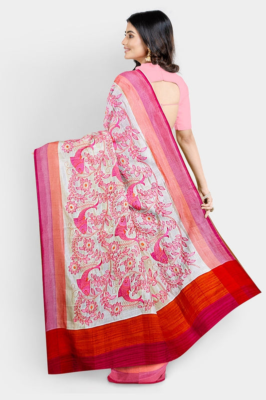Soft Kosa Sujni work Beige saree