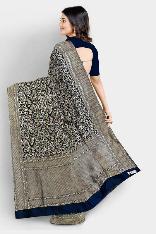 Banarasi  Double Katan Silk Shikargah Meena Blue Saree
