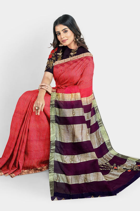 Fancy Red Saree With Work Blouse
