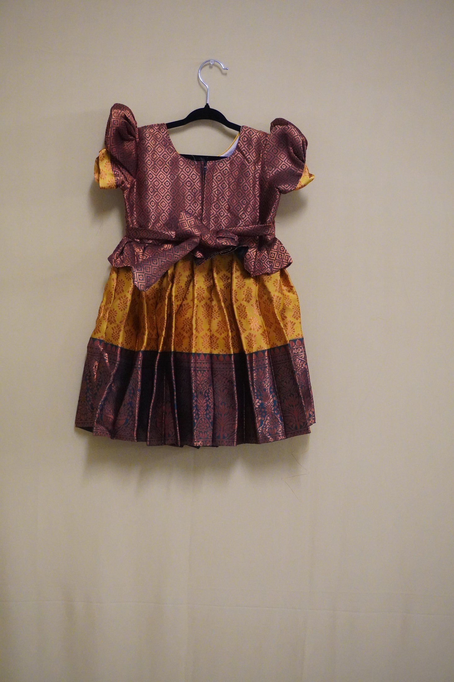 Puffsleeves Darkmaroon and Yellow Embroidered Dress