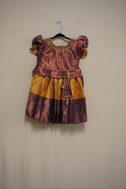 Puffsleeves Darkmaroon and Yellow Embroidered Dress