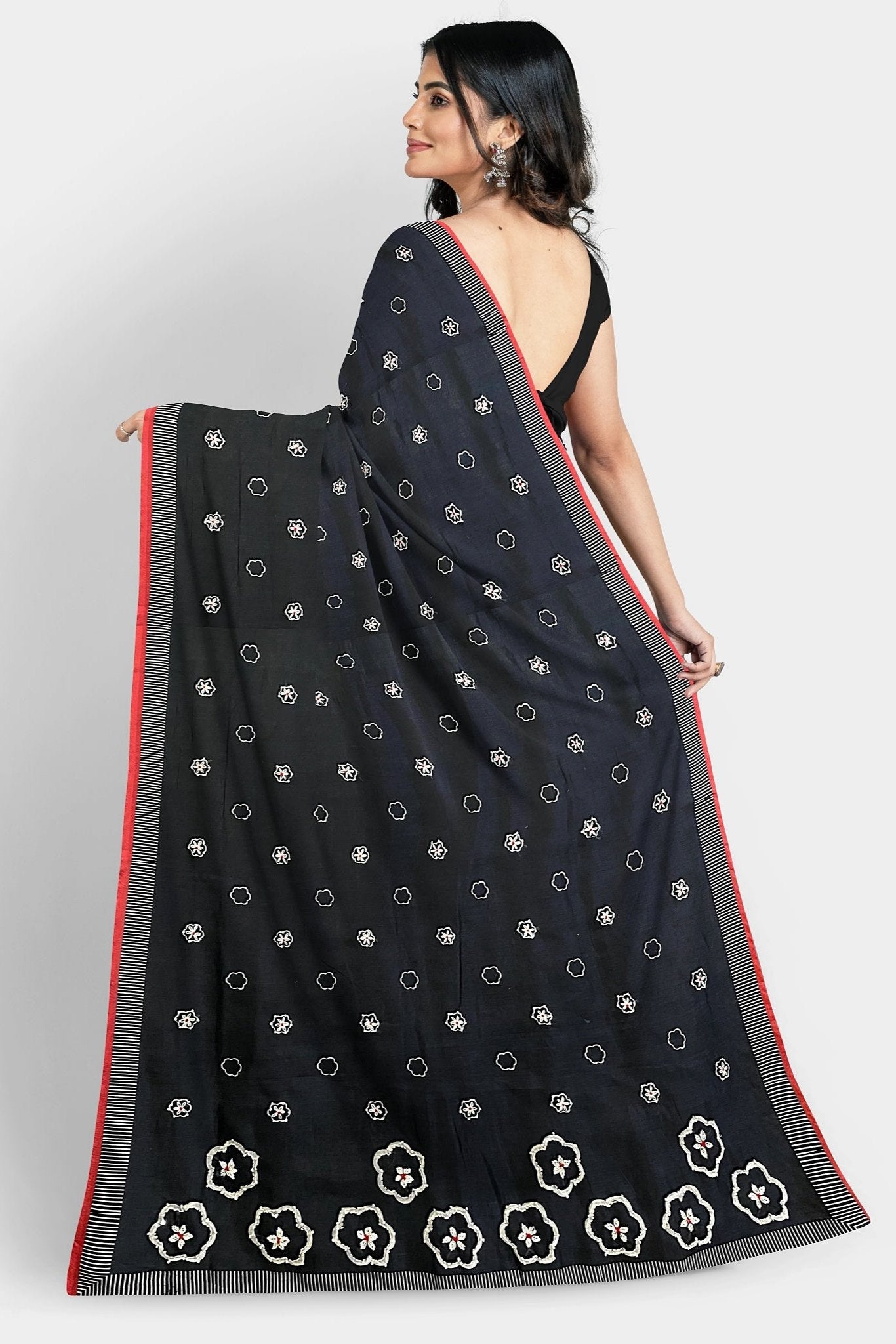 Cotton Silk Hand Kantha Embroidery Black Saree
