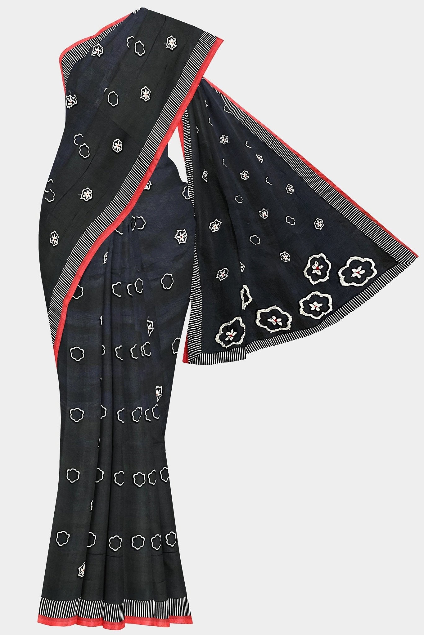 Cotton Silk Hand Kantha Embroidery Black Saree