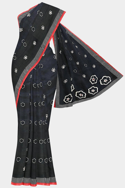 Cotton Silk Hand Kantha Embroidery Black Saree