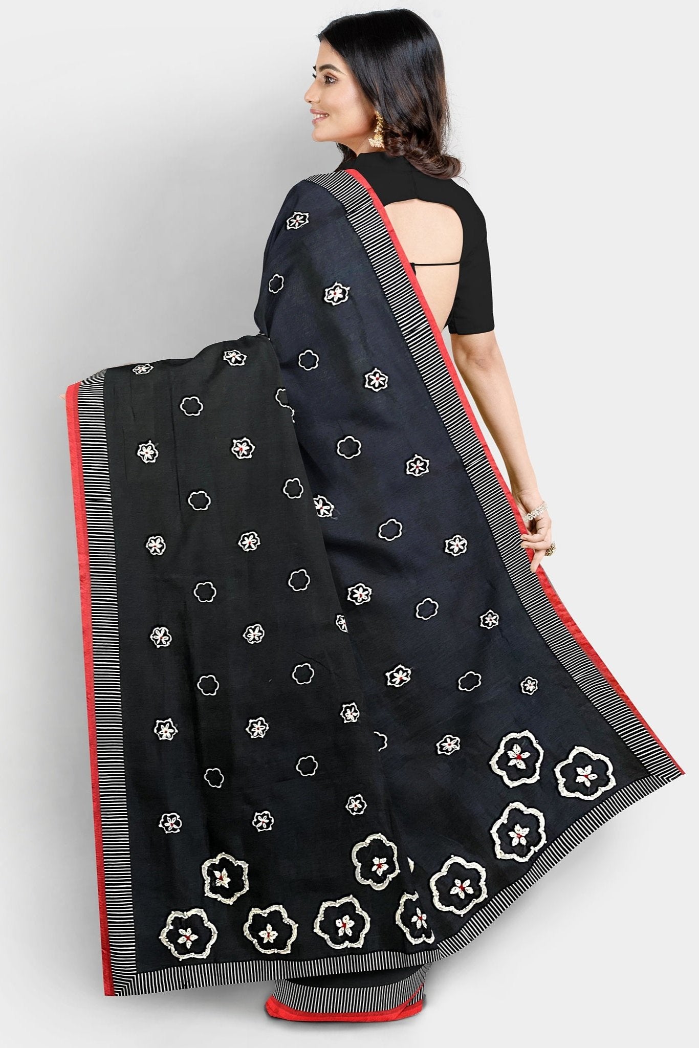 Cotton Silk Hand Kantha Embroidery Black Saree