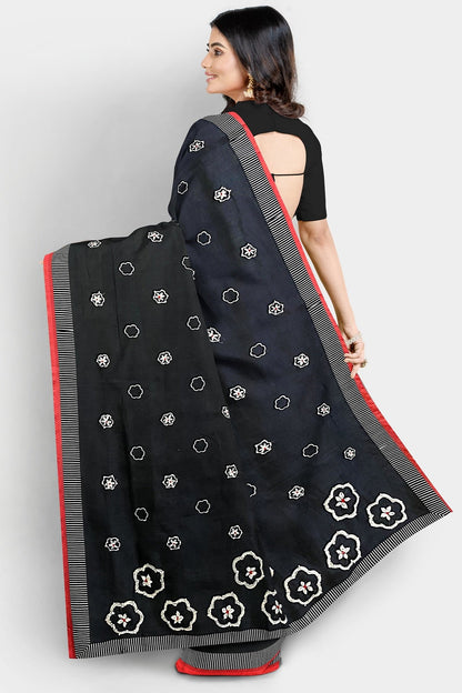 Cotton Silk Hand Kantha Embroidery Black Saree