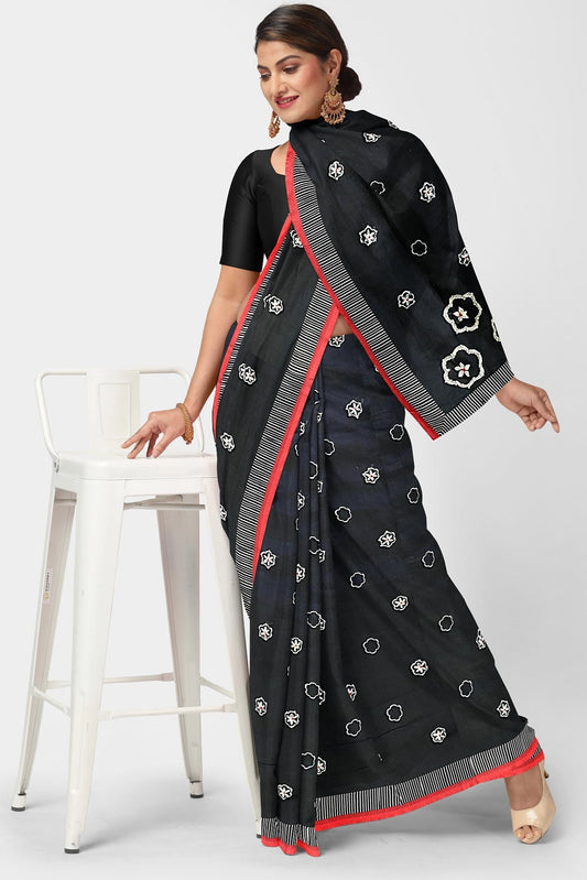 Cotton Silk Hand Kantha Embroidery Black Saree
