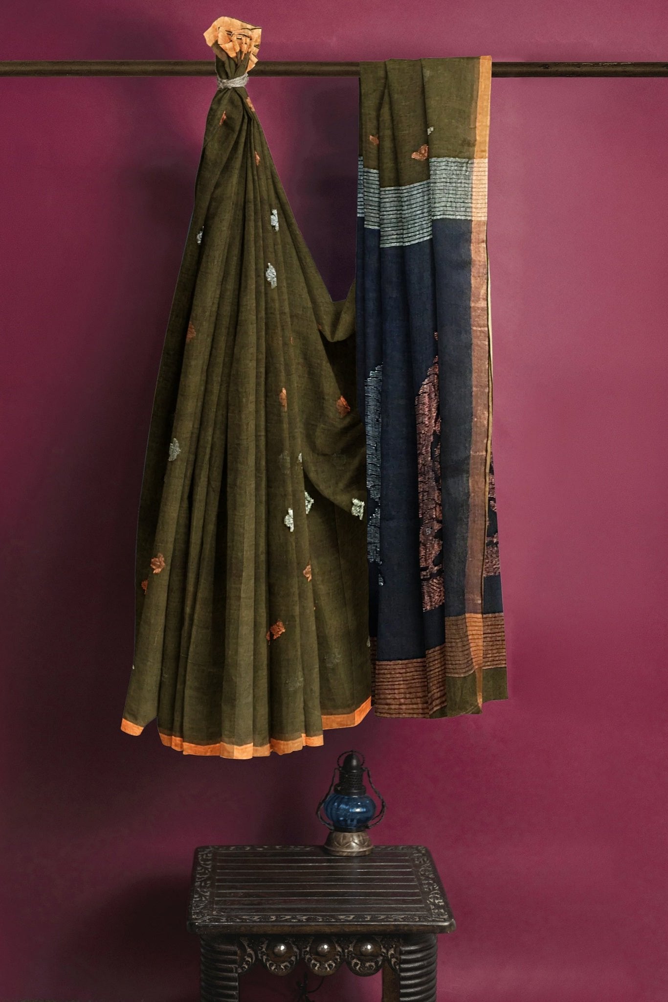 Linen Contrast Green Saree