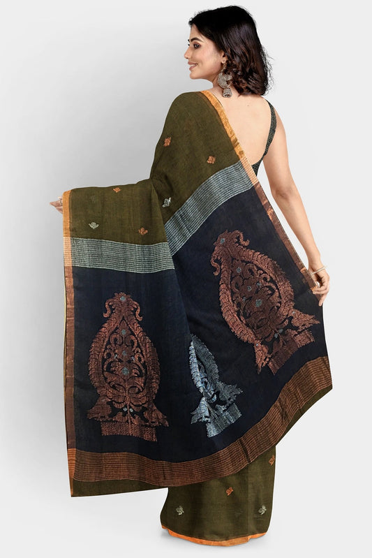 Linen Contrast Green Saree